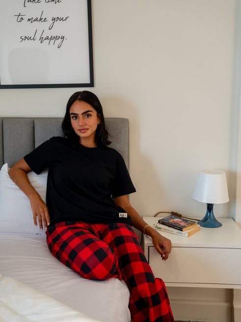 Women summer pajama set Black Tee + Red X Black Checkered Pants